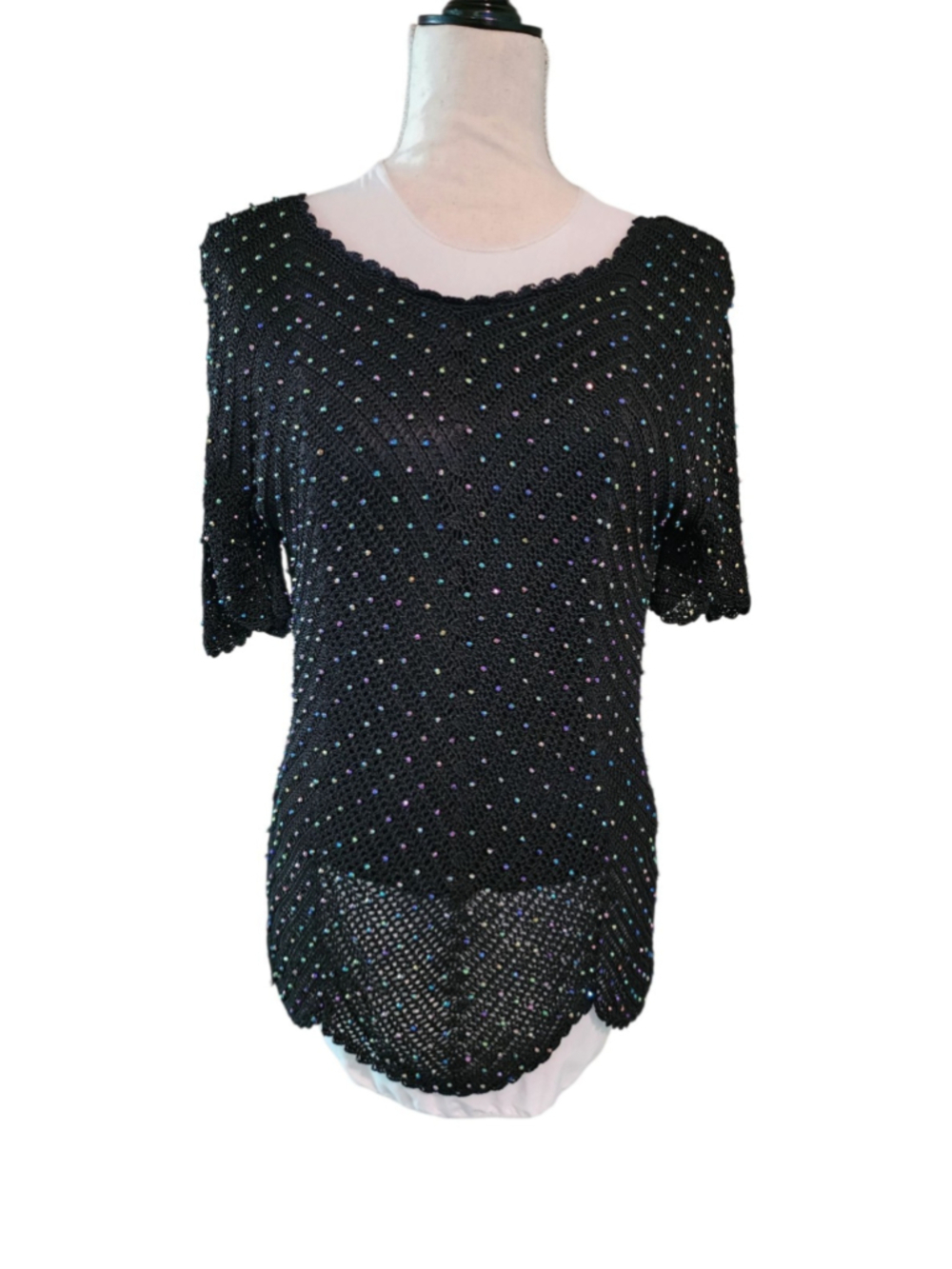 Vintage Sophie Chang Studio Black Iridescent Beaded Crochet Top Women's L Boho
